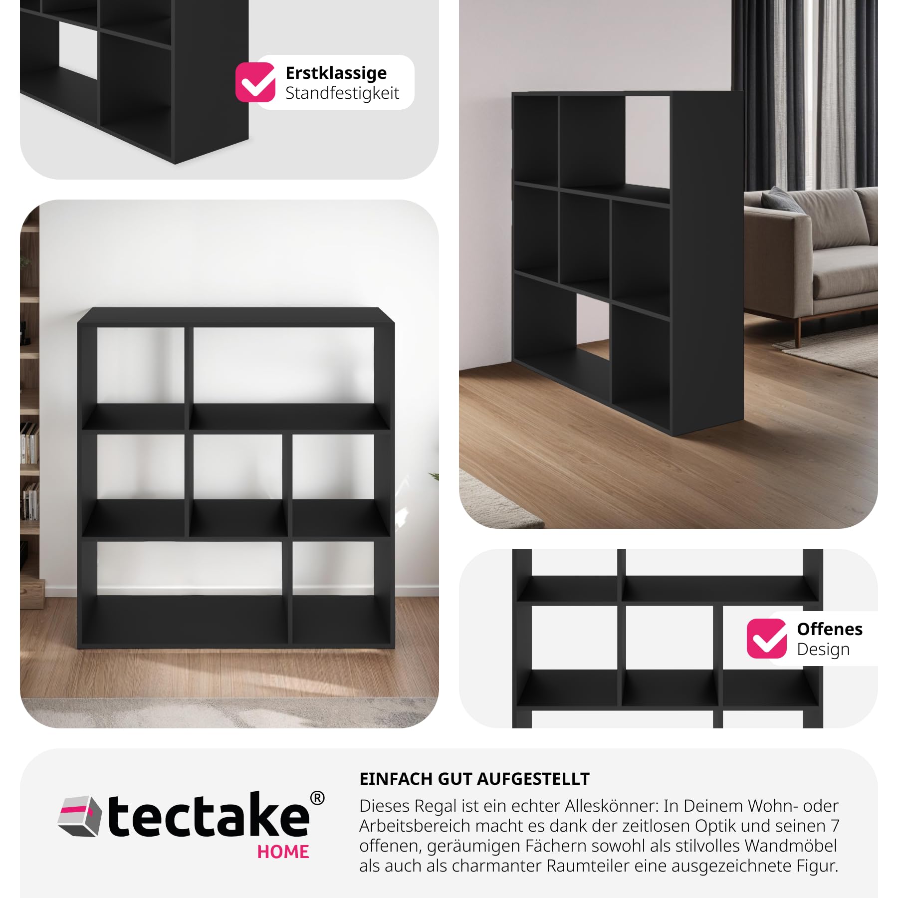 tectake® Bücherregal, Raumteiler, Schrank Regal als Raumteiler im Wohnzimmer, Trennwand Kinderzimmer, Schlafzimmer, Küche oder Garderobe, Würfelregal, Aufbewahrung Büro, Schuhregal (schwarz)