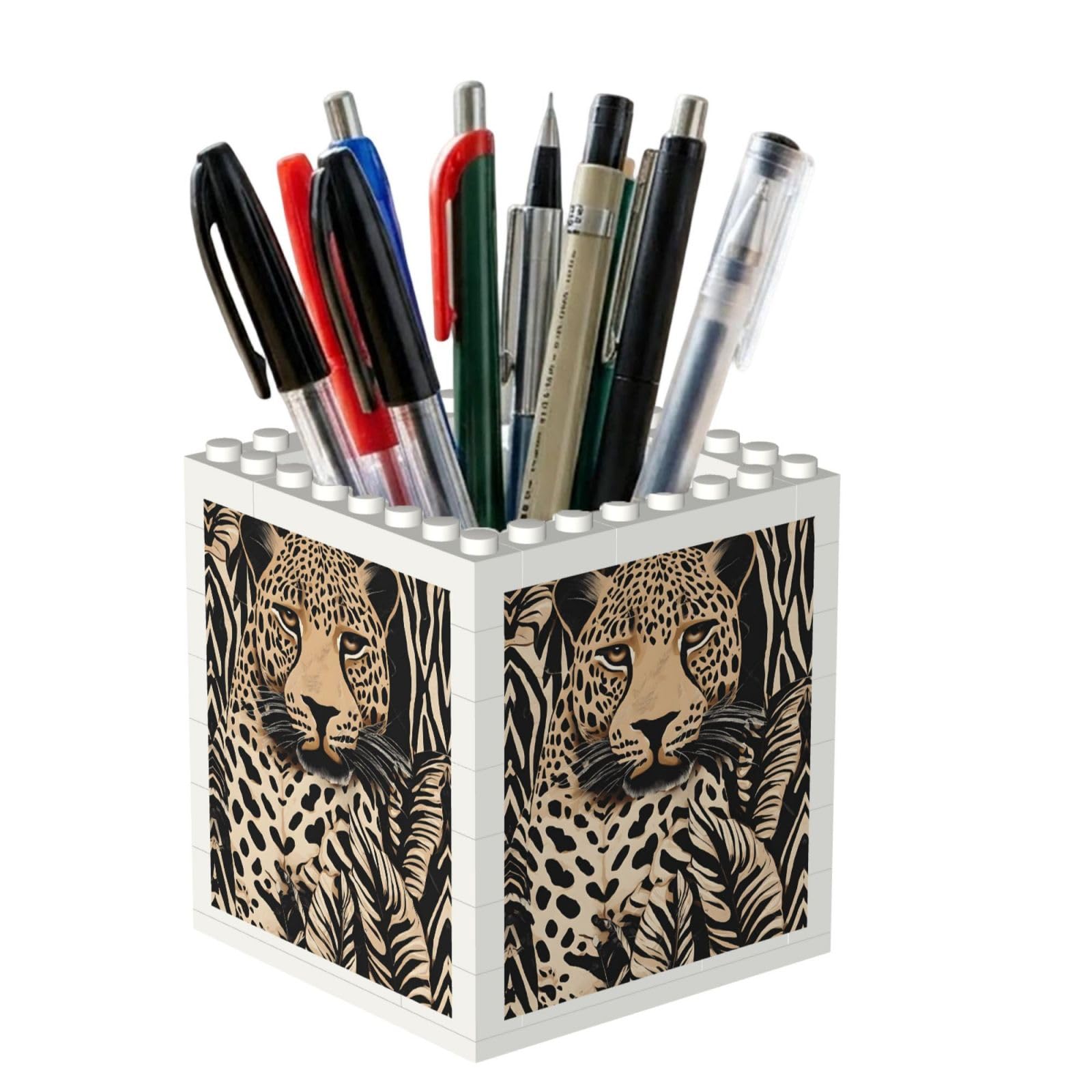 ESNAIUVCD Leopard Pattern Print Building Block Pen Holder - Pencil Holder For Desk/Classroom,Desk Accessories, Multifunctional Office Supplies Pen Organizer Pencil Cups(2pcs)