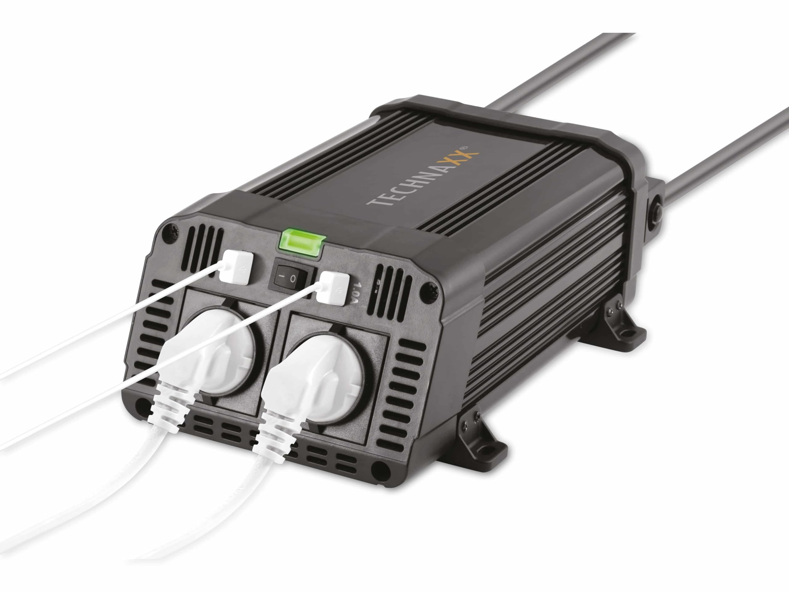 Technaxx Falownik samochodowy 12 V na 230 V – certyfikowany przez TÜV Rheinland inwerter samochodowy z 2 wtyczkami Schuko i 2 x portem USB – Power 1200 W / 2400 W (końcówka) – przetwornica napięcia