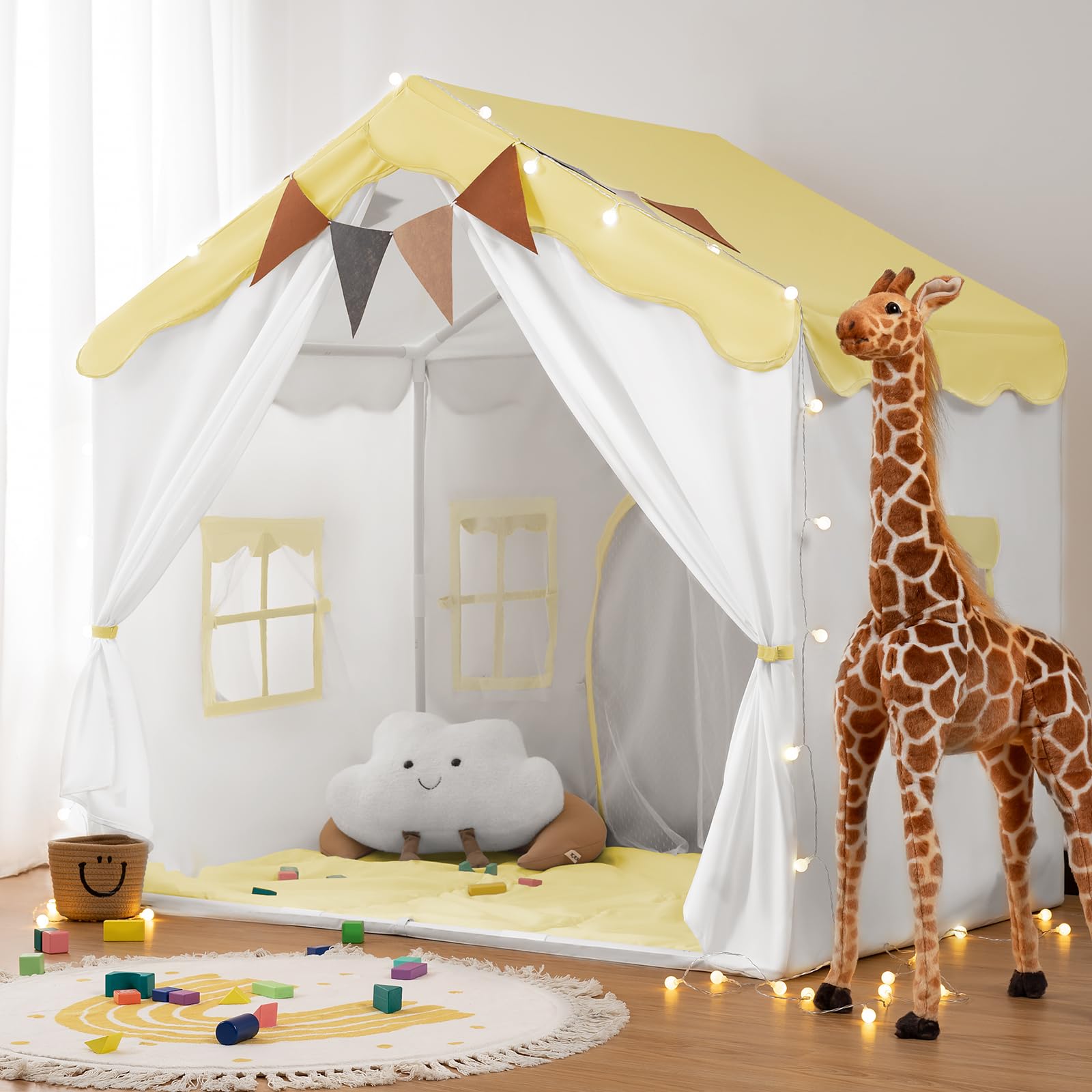 besrey 2-in-1 Kids Play House Tent for Girls & Boys – Indoor Toddler Tent with Lights & Pad, Children Tents for Kids & Toddlers, Large Bed Tents, Princess Playhouse with 2 Doors yellow