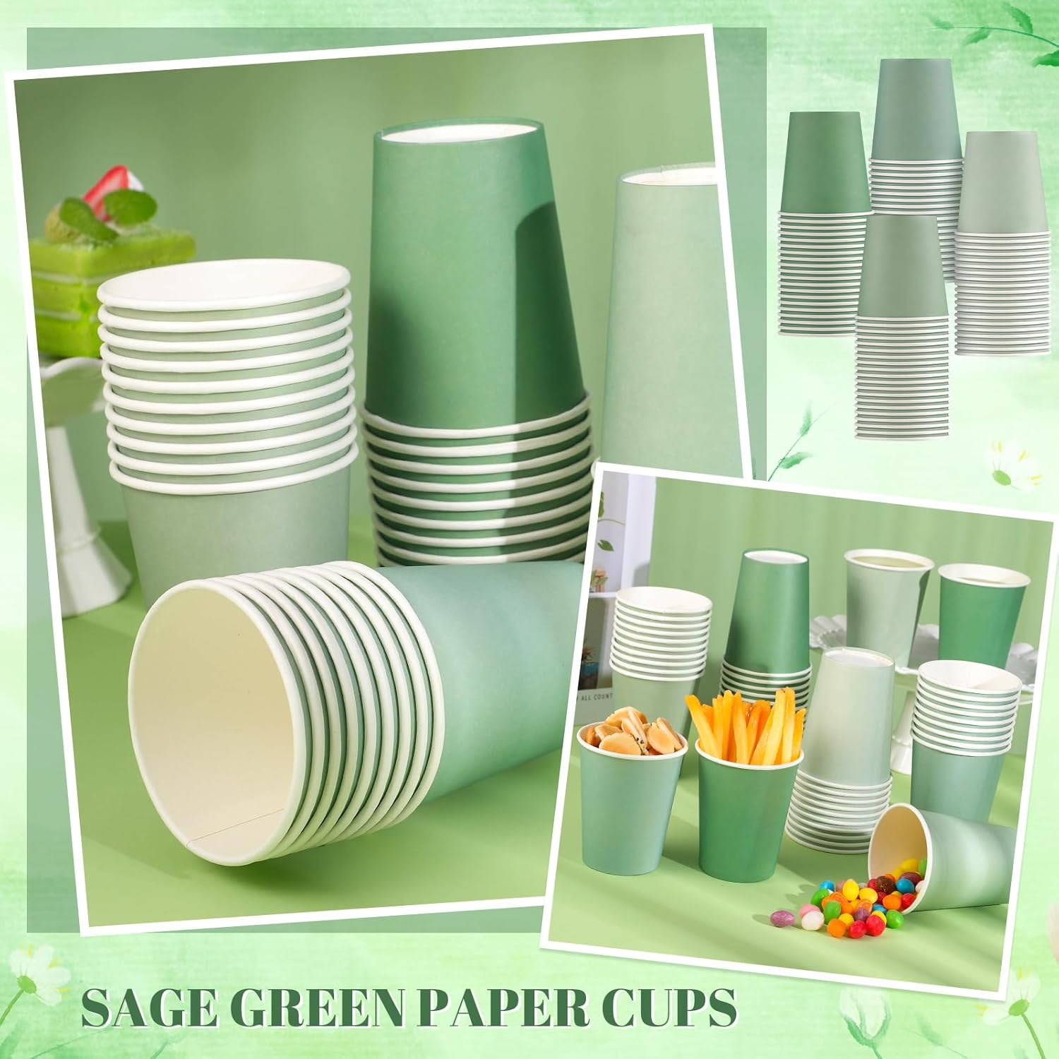 100 Pack Sage Green Paper Cups 9oz Gradient Sage Green Party Cups Disposable Paper Cups, Drinking Cups for Wedding Birthday Baby Shower Party Supplies - Image 5
