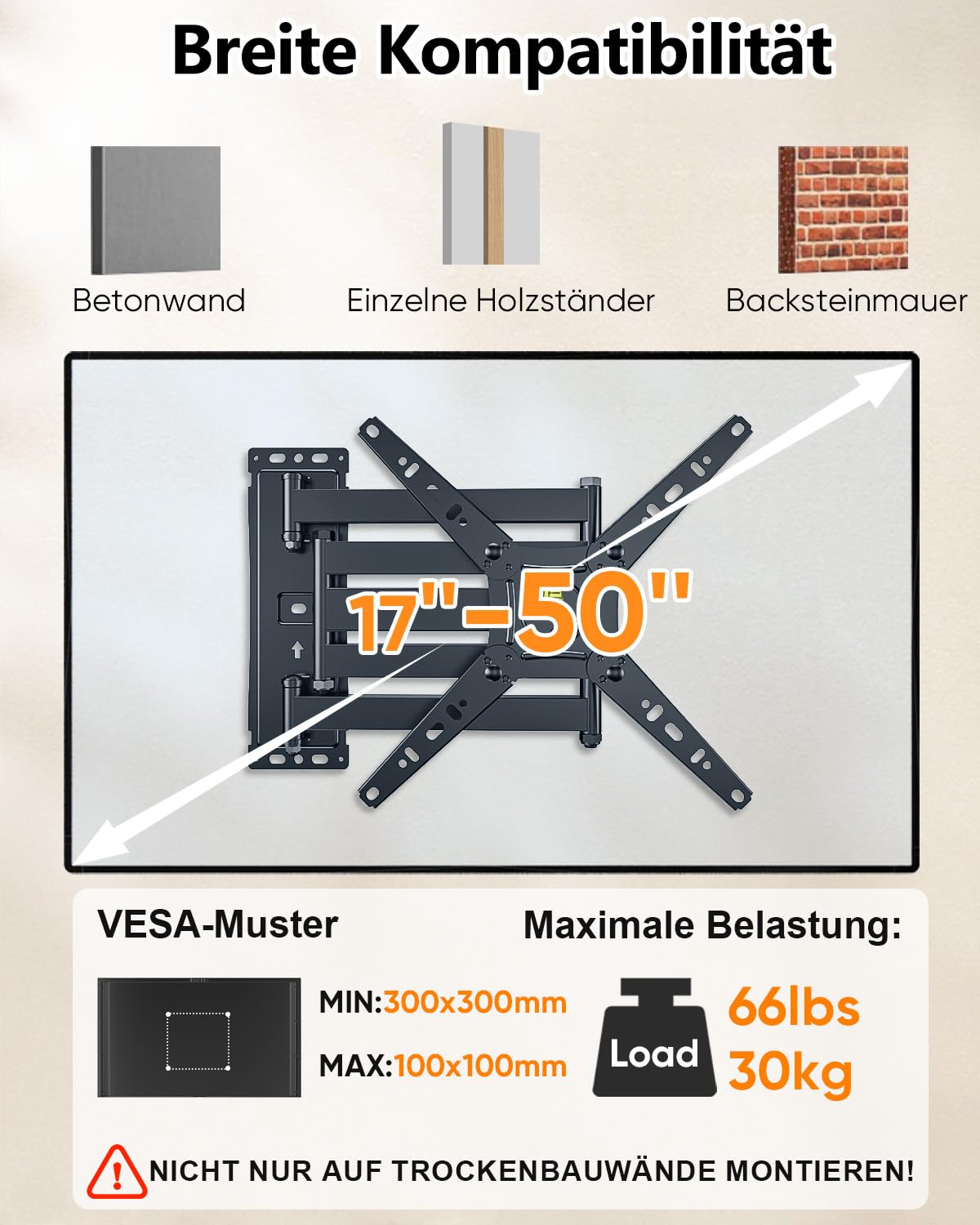 TV Wandhalterung mit 1035mm Langem Arm, TV Halterung für 17-50 Zoll | 180° Drehung Fernseher Wandhalterung, Eck TV Halterung mit Schwenkbar Neigbar, bis 30kg, Max VESA 300x300mm
