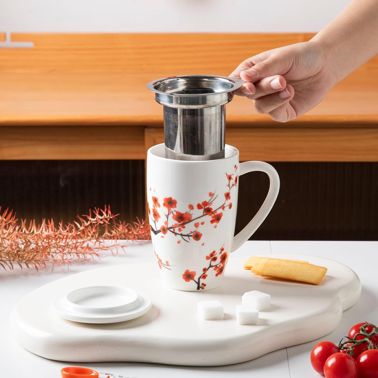 Sweejar Porcelain Tea Mug with Infuser and Lid,Teaware with Filter, Loose Leaf Tea Cup Steeper Maker, 16 Fl Oz for Tea/Coffee/Milk/Women/Office/Home/Gift (Plum Blossom) - Image 4