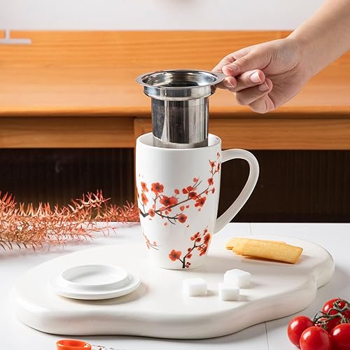 Miniatura 80 de Sweejar Taza de té de porcelana con infusor y tapa, tetera con filtro, máquina de té para hojas sueltas, 16 onzas líquidas para té, café, leche