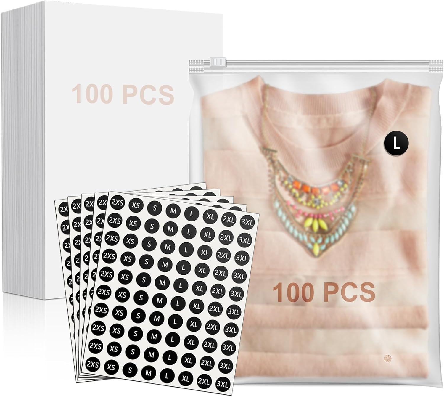 100PCS 10"x13" T-shirt Packaging Bags with Cardboard and Clothing Size Stickers, 10x13 inch Frosted Zipper Plastic Bags for Clothing, T-shirt Package Set
