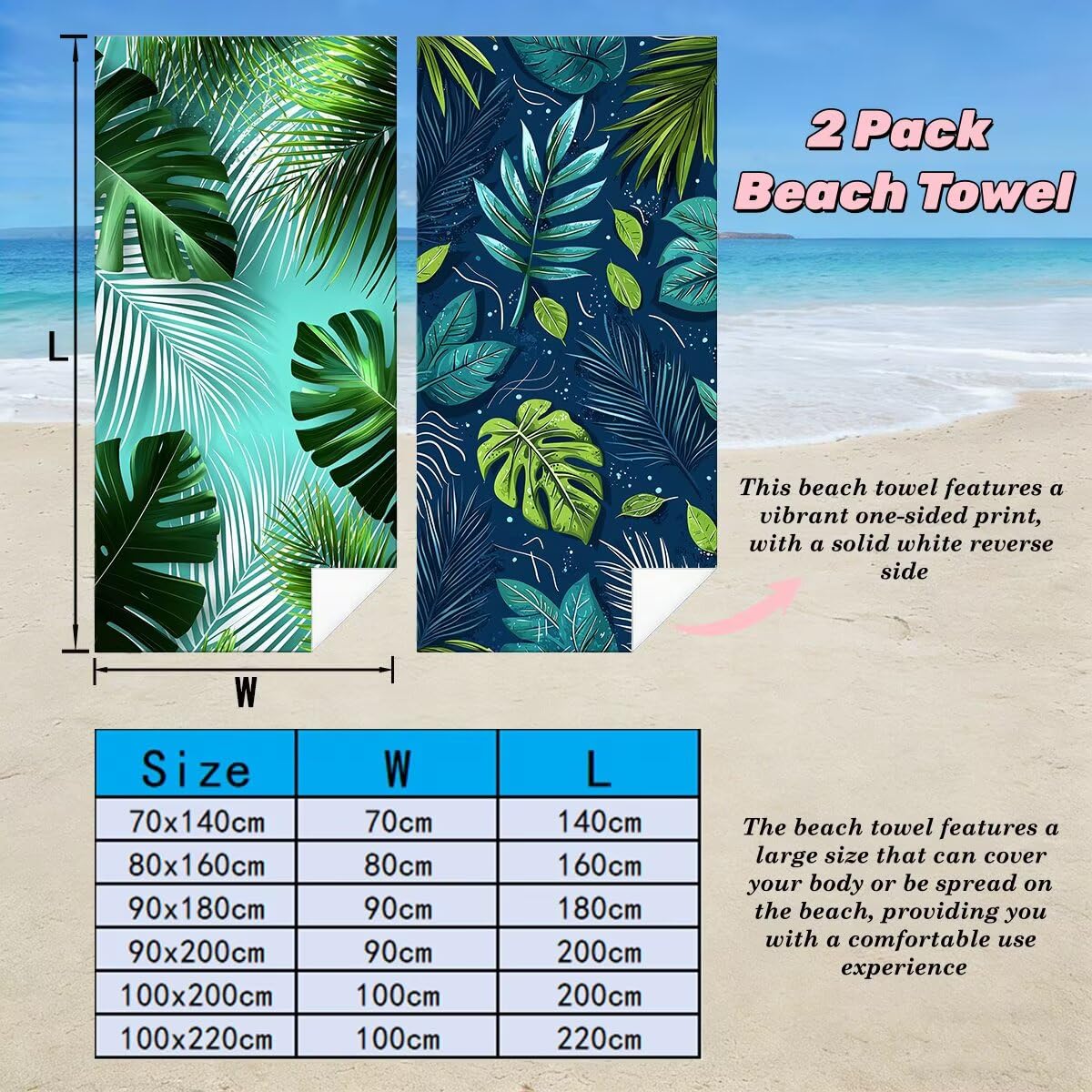 Toalla Playa 90x180 cm, Toalla Gimnasio Microfibra Secado Rapido, Juego de 2 Antiarena Toallas de Playa, Ligera Compacta Toallas Microfibra Grande para Viaje, Regalo Hombre Regalo Mujer (Planta) -4597