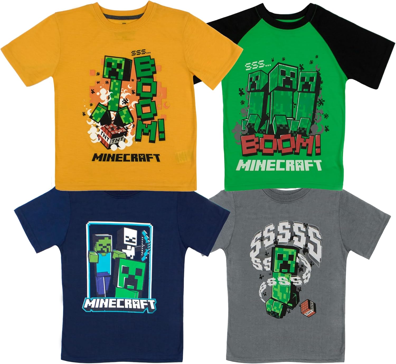 Minecraft Boy's Short Sleeve T-Shirt 4-Packs - Creeper, Ender Dragon, Skeleton, Zombie Graphic Tee Sets for Kids