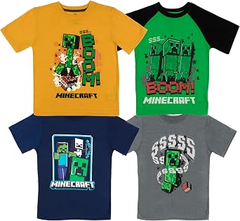 Minecraft Boys Short Sleeve T-Shirt 4-Packs - Creeper, Ender Dragon, Skeleton, Zombie Graphic Tee Sets for Kids