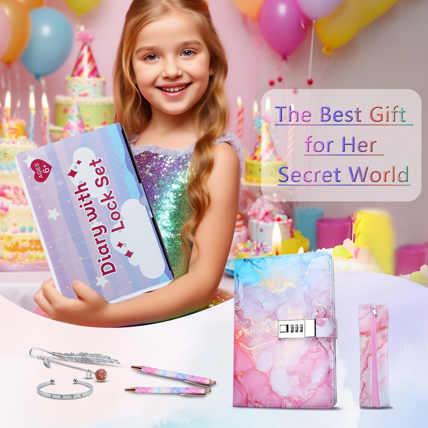 Diario Segreto con Lucchetto Ragazza, Set Diario con Serratura Bambina, Taccuino Segreto con Password, Quaderno con Serratura e Penna, Regalo di Compleanno Cancelleria per Ragazze 6-15 Anni