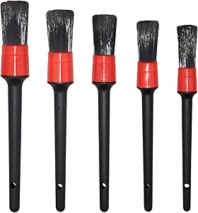 Detailing Brush Set - 5 Different Sizes Premium Natural Boar Hair Mixed Fiber Plastic Handle Automotive Detail Brushes for Cleaning Wheels, Engine, Interior, Air Vents, Car, Motorcy