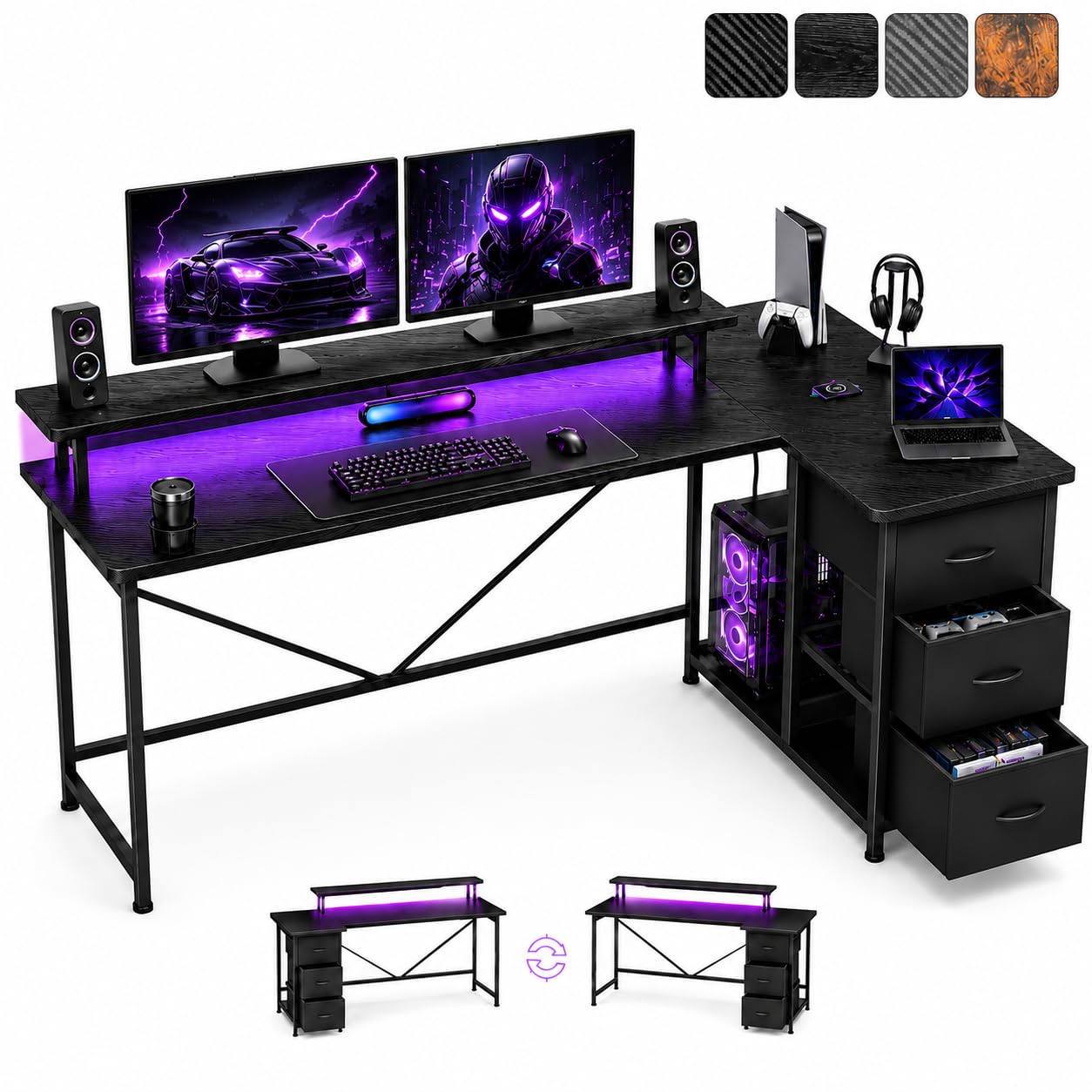 FURRIFIC Tipo L Escritorio Gamer, Escritorio Minimalista con Cajón de Tela, Regleta, Regleta de luz y Soporte para Monitor (Madera vetada Negra)