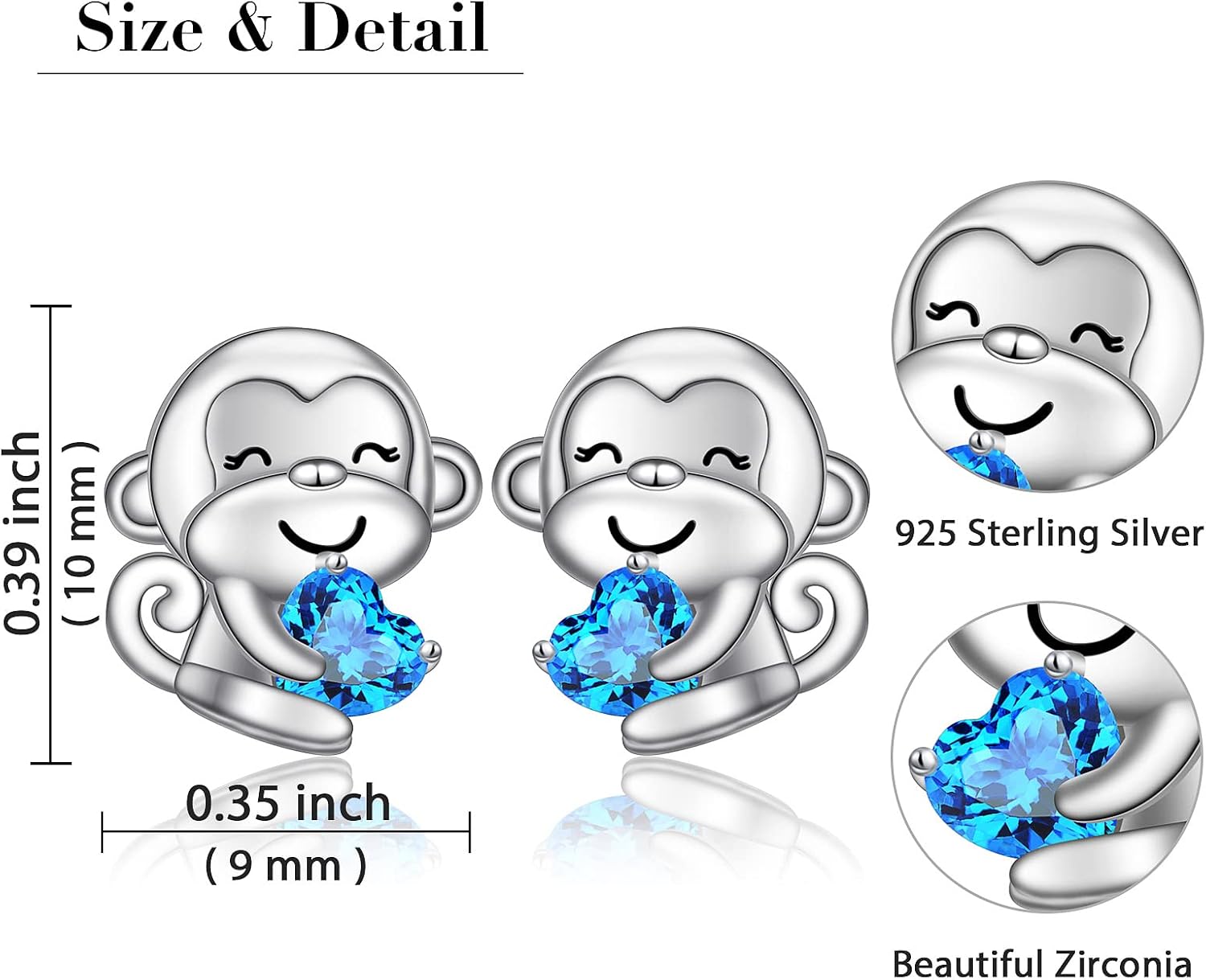 FLYOW 925 Stering Silver Cute Animal Heart CZ Monkey Stud Earrings Bracelet Pendant Necklace Birthday Christmas Anniversary for Women Friends Monkey Lovers, 18 inch
