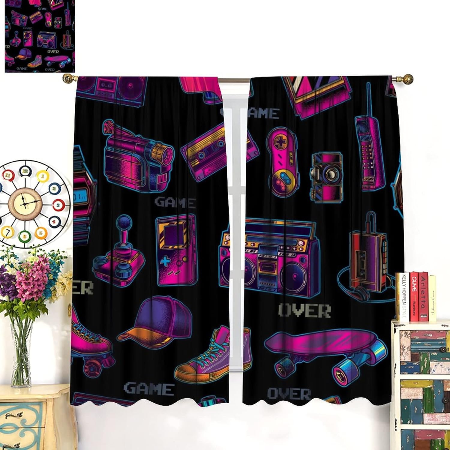 Watercolor Video Games Blackout Curtains,Retro Abstract Gamepad Games 80s 90s Print Window Curtains Rod Pocket Thermal Insulated Room Darkening Blackout Curtains 2 Panels 45L x 21W