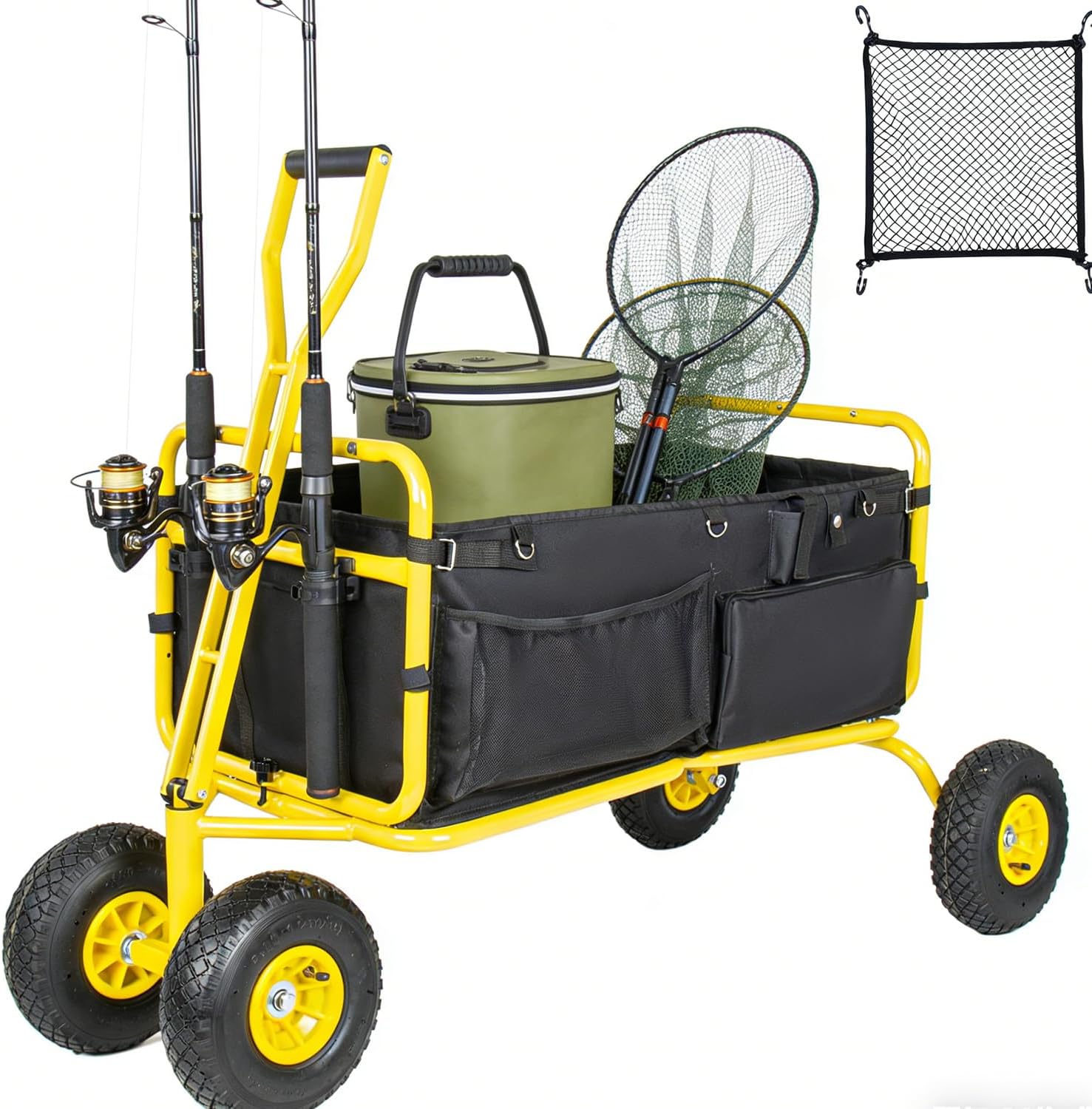 50.5" Beach Fishing Cart, Fishing Wagon with Rod Holders, Wagons Carts Foldable Heavy Duty with Umbrella Holder & Storage Pockets for Beach, 550LB Large Capacity (Yellow)