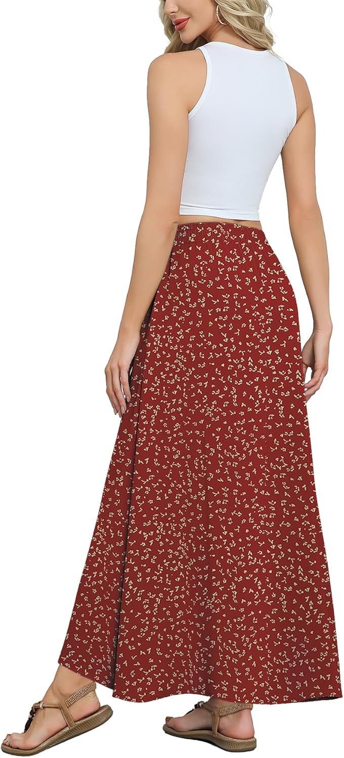 Askyes Womens Maxi Skirt Summer Trendy Tie Knot Elastic High Waisted Boho Casual Beach Flowy Swing Long Skirts with Pockets - Image 2