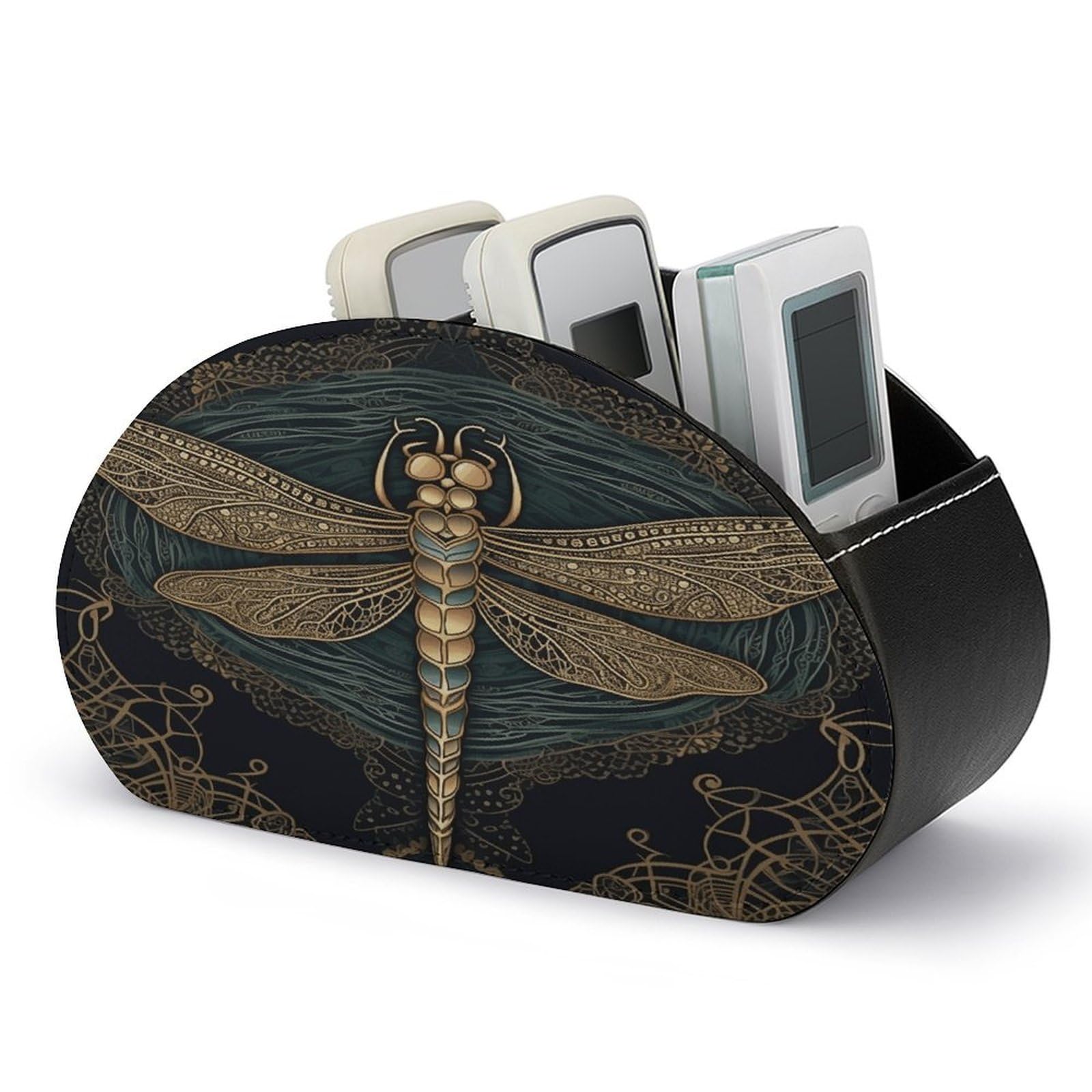 VstaDank Dragonfly Remote Control Holder with 5 Compartments PU Leather TV Remoter Caddy Desktop Organizer TV Remote Holder Remote Box for Media Controllers Office Supplies