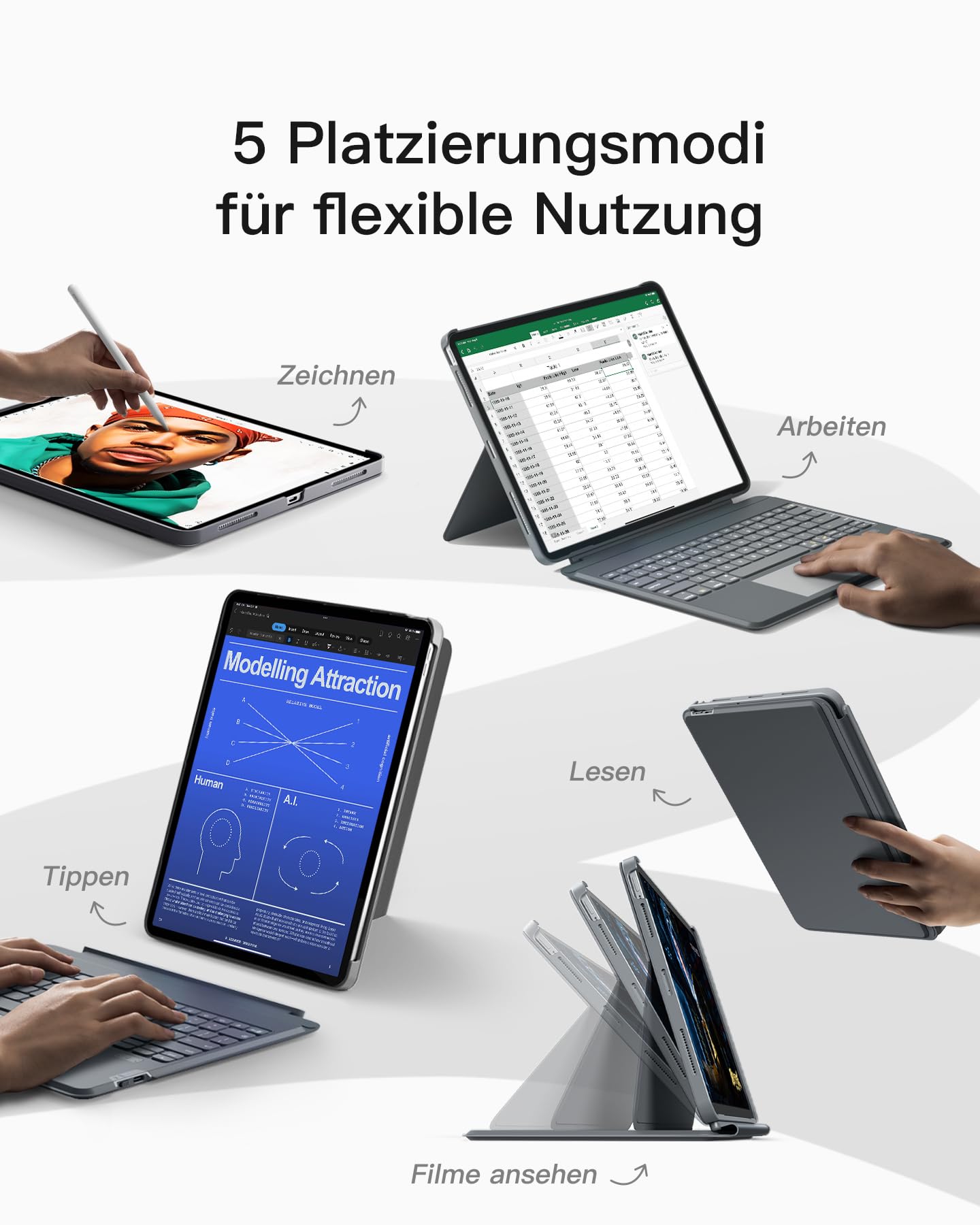 Inateck Tastatur Hülle für Air 13 Zoll M4/M3/M2(2026/2025/2024),iPad Pro 12.9 Zoll,Hoch-/Querformat Ständer,Abnehmbare Touchpad mit 7-Farbiger Hintergrundbeleuchtung,QWERTZ,KB04118
