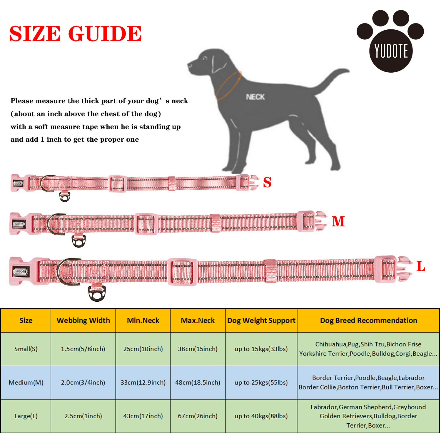 YUDOTE Collare per cani Piccolo e resistente tessuto in nylon riflettente con fodera imbottita in neoprene morbido e confortevole per cani di piccola taglia Uso quotidiano,Rosa pallido