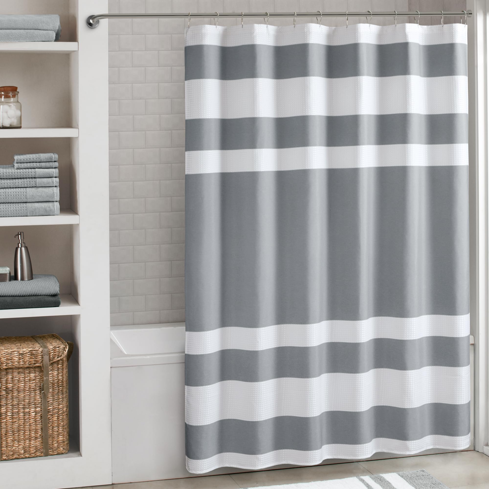 Madison Park Spa Waffle Shower Curtain Pieced Fabric with 3M Scotchgard Moisture Management Modern Home Bathroom Decorations, Tall 72"x84", Grey