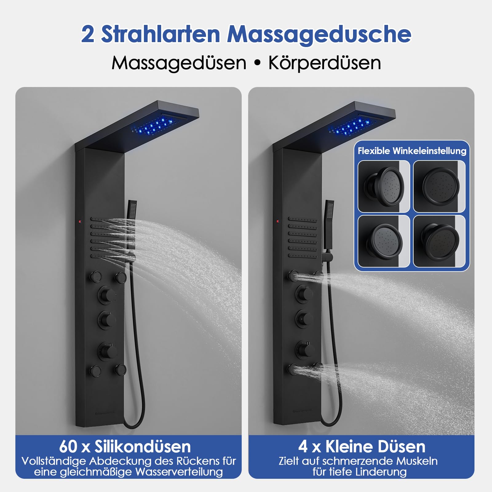 ROVOGO Komplett Schwarz LED Duschpaneel mit Thermostat, 5 Funktionen Duschsäule Regenfall Wasserfall Duschkopf, 2 Strahlarten Massagedüsen, Handbrause, Wanneneinlauf, Edelstahl Duschpaneel mit Armatur