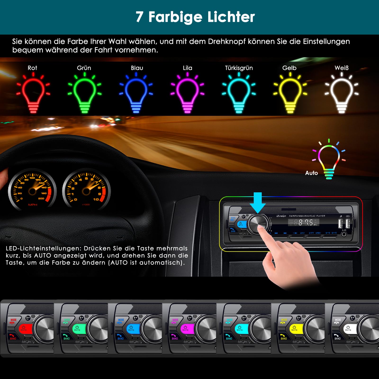 Autoradio Bluetooth 5.0, 7 Farben Auto Radio Bluetooth Freisprecheinrichtung, Autoradio 1Din mit 2 USB/TF/MP3 Player/AUX, FM Radio mit Schnellladefunktion,4x65W,Uhrzeitanzeige (Keine CD)