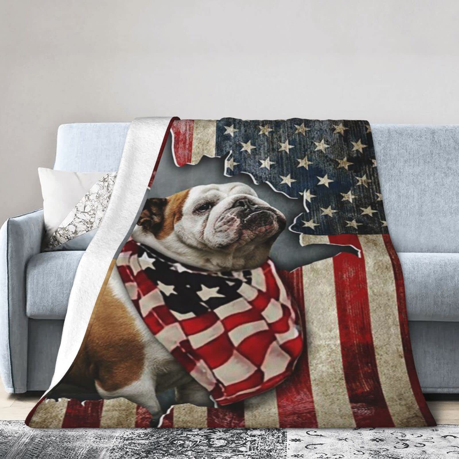 Lsjuee Flannel Fleece Blanket 50"X40" Bulldog Happy 4th of July. American Us Sofa Throw Blanket Quality Ultra-Soft Travel Winter Blankets for Girls Keep Warm