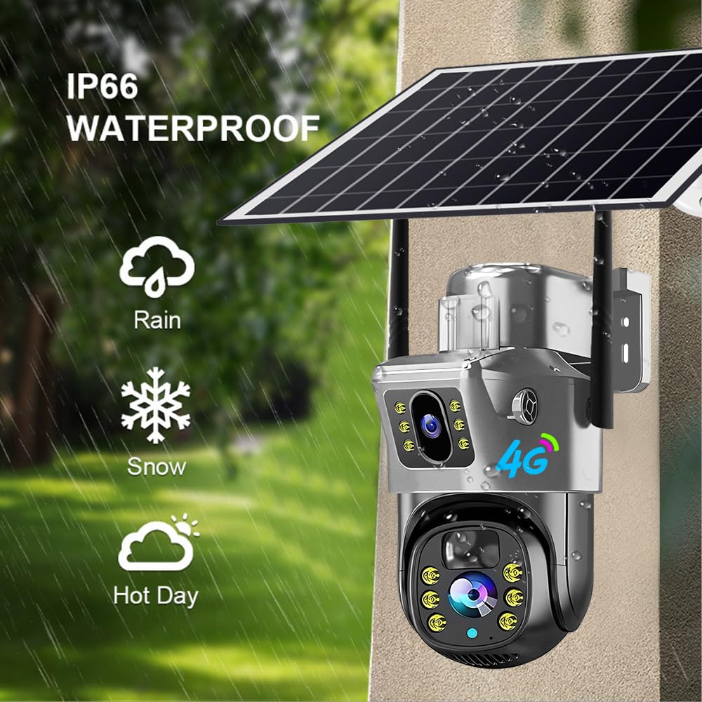 Cámara de Vigilancia Solar 4G Para Exterior, Cámara PTZ Inalámbrica Con Doble Lente y Doble Pantalla, Audio Bidireccional, Detección de Movimiento, Visión Nocturna, IP66 Impermeabile