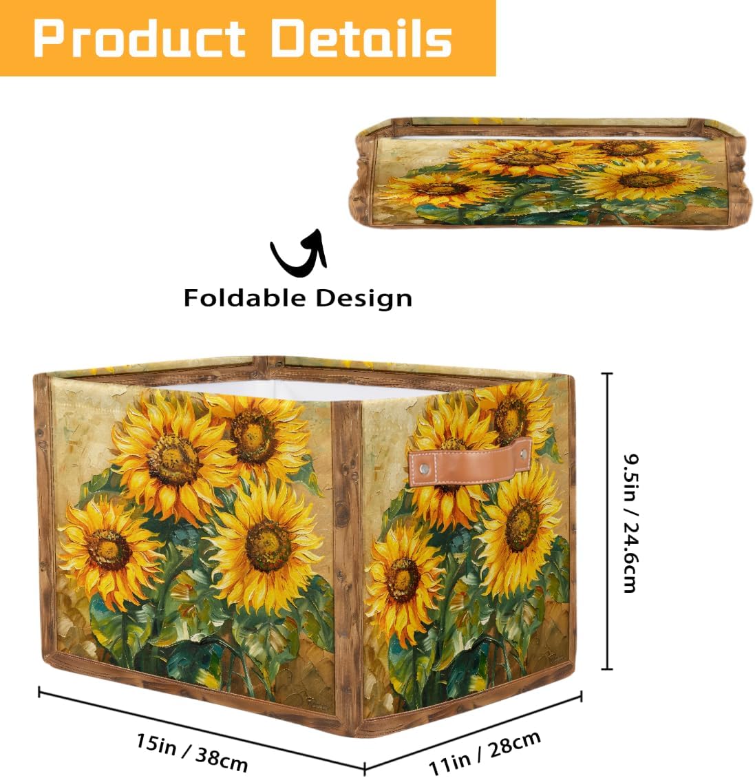 Small Storage Basket Foldable Flower Sunflower Preety Cube Organizer Bin with Handles Kids Toy Organizer Box Collapsible Fabric Hamper for Nursery Living Room Bedroom Decort Gifts