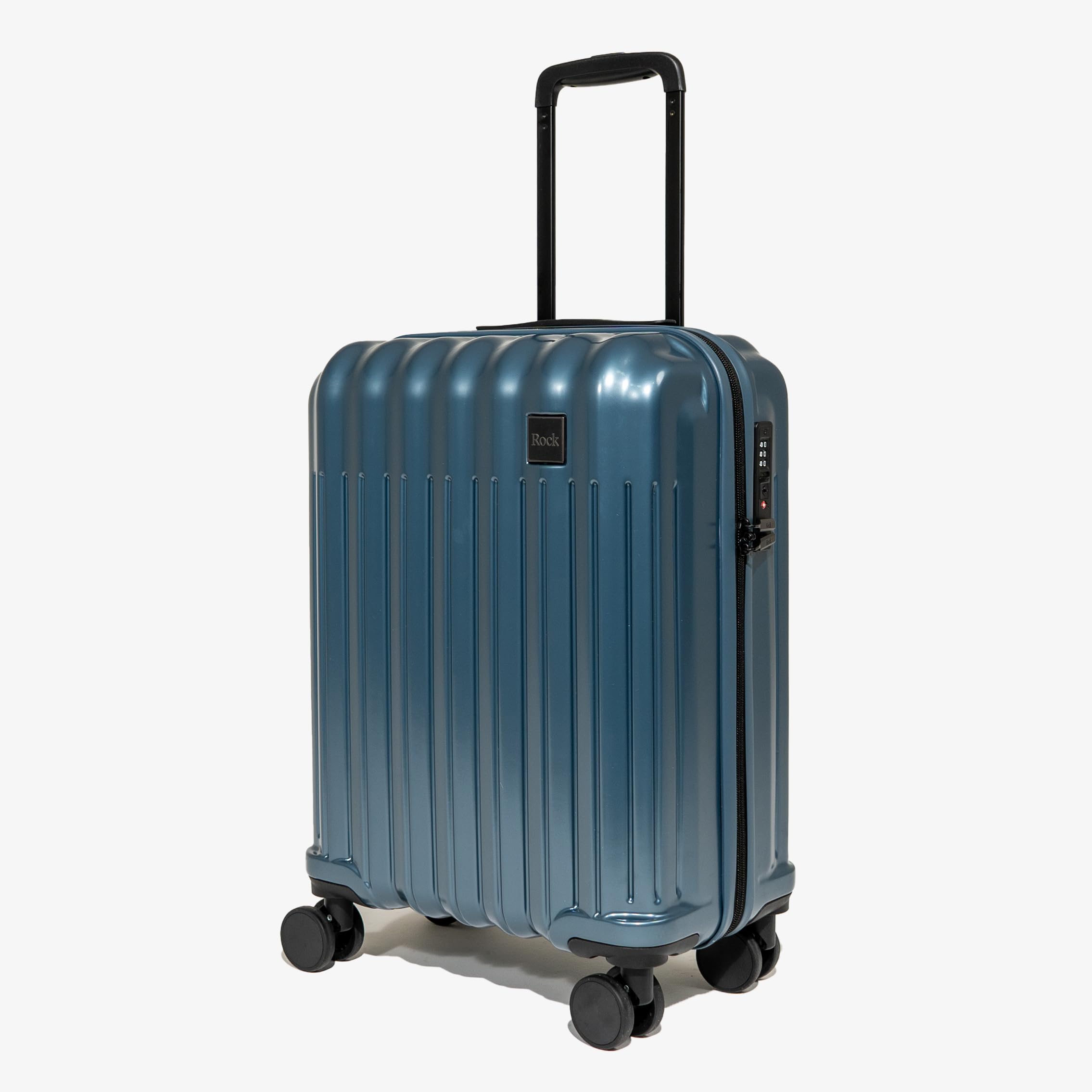 Rock Luna - Maleta pequeña de carcasa rígida en color azul, funda ligera y duradera de ABS con cerradura TSA, 8 ruedas giratorias y mango telescópico, equipaje a cuadros metálico plateado, 54,5 x 37,5
