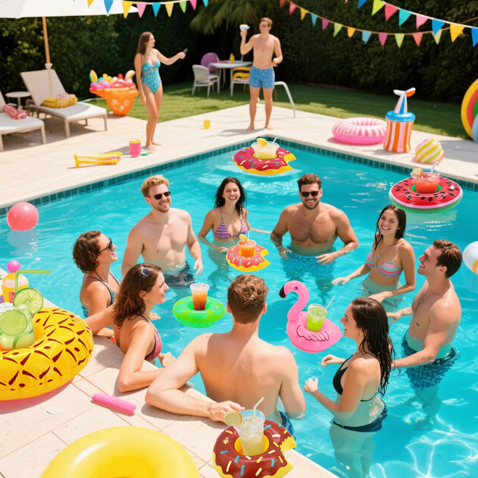 Getränkehalter Pool, 15 Stück Getränkehalter Aufblasbare, Aufblasbar Schwimmender Flaschenhalter mit 1 Luftpumpe, Flamingo Palme Pool Party Deko, SchwimmendGetränkehalter für Sommer Beachparty Hawaii