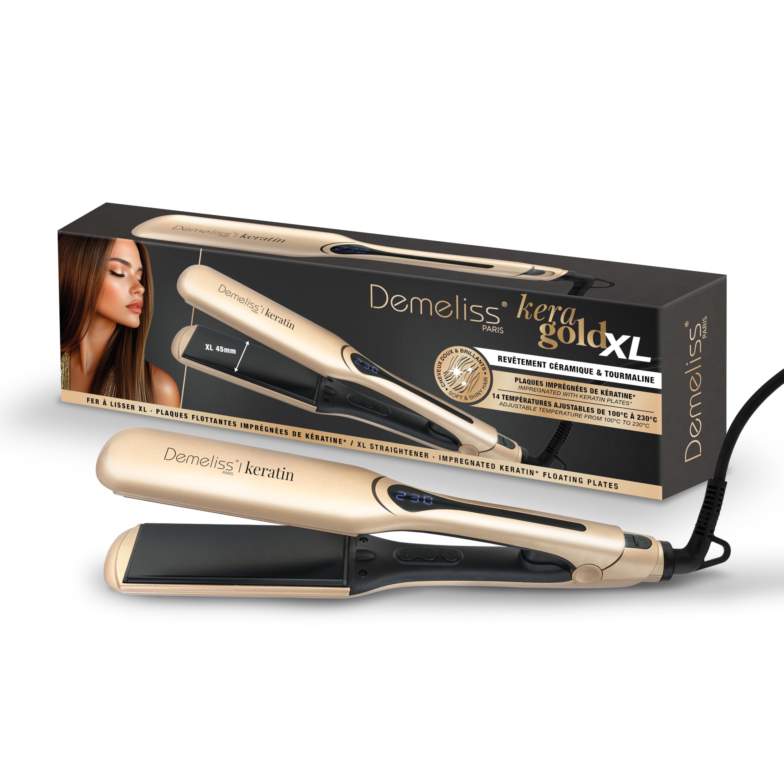 Demeliss Saint Alge Kera-GOLD XL Glätteisen mit Keratin angereicherte Platten – breite Platten ideal für mittellanges bis langes Haar