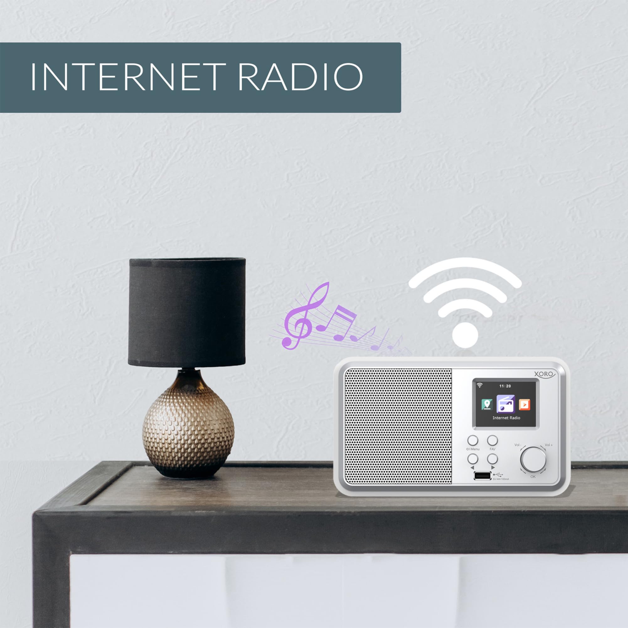 Cyfrowe radio internetowe Wi-Fi XORO DAB 300 IR z kolorowym wyświetlaczem 2,4", podcast, Bluetooth 5.2, FM/DAB+, budzik, białe