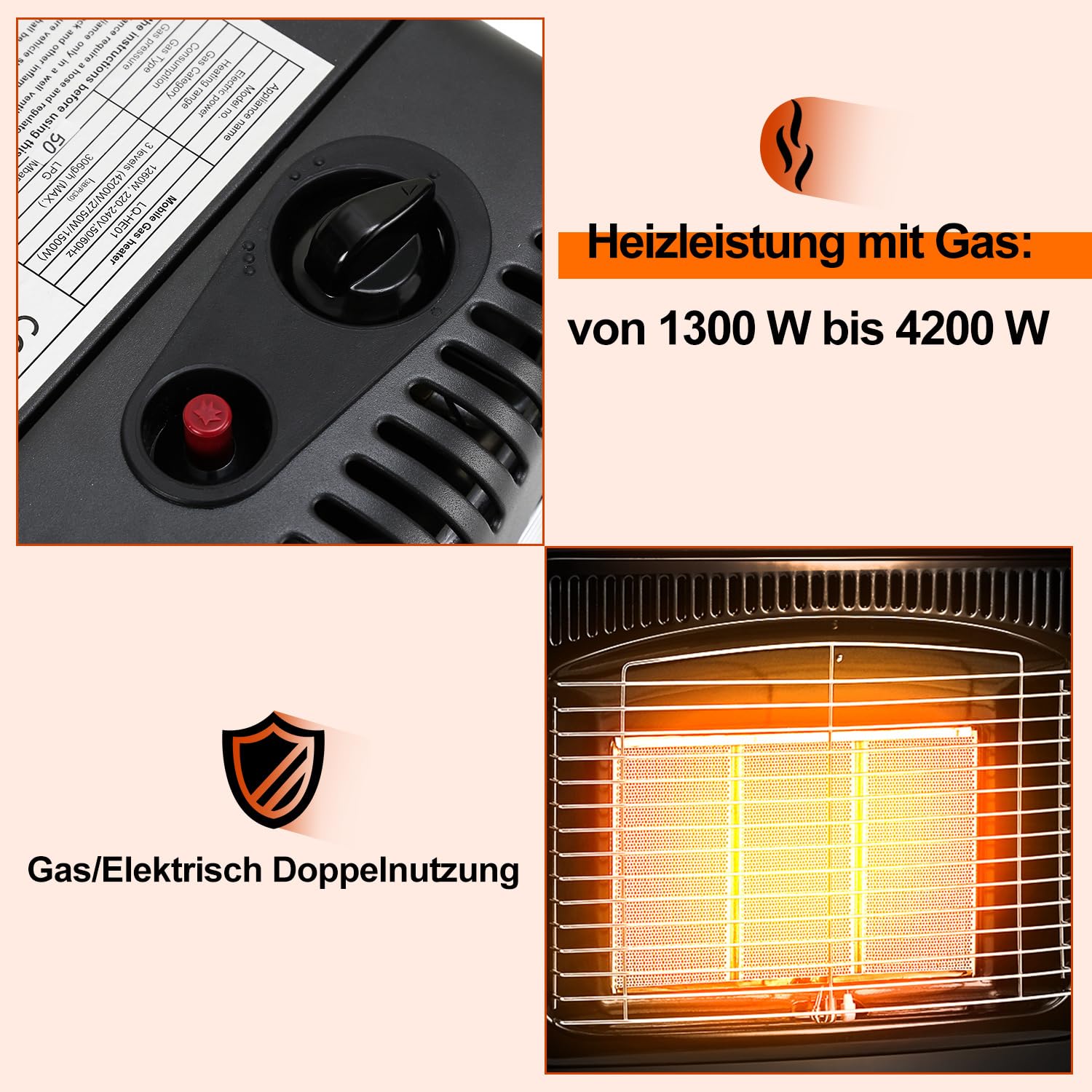 Grzejnik gazowy 4200 W i elektryczny grzejnik 1200 W, grzejnik gazowy na podczerwień, grzejnik gazowy z 3 urządzeniami ochronnymi, butle gazowe do 15 kg, piec gazowy z regulatorem ciśnienia