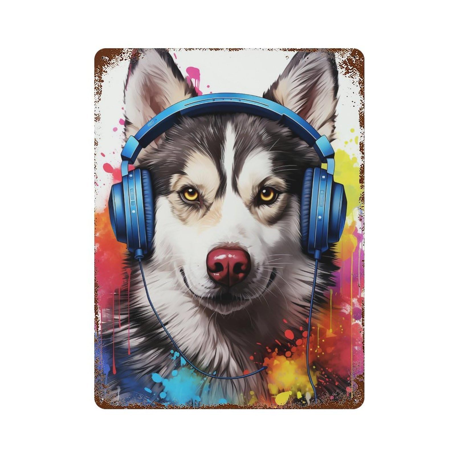 Music Lovers' Husky Headphones 15.7"x11.8" Rustic Tin Plaque, Novelty Wall Decor for Bistro, Counter And Cafe Decor