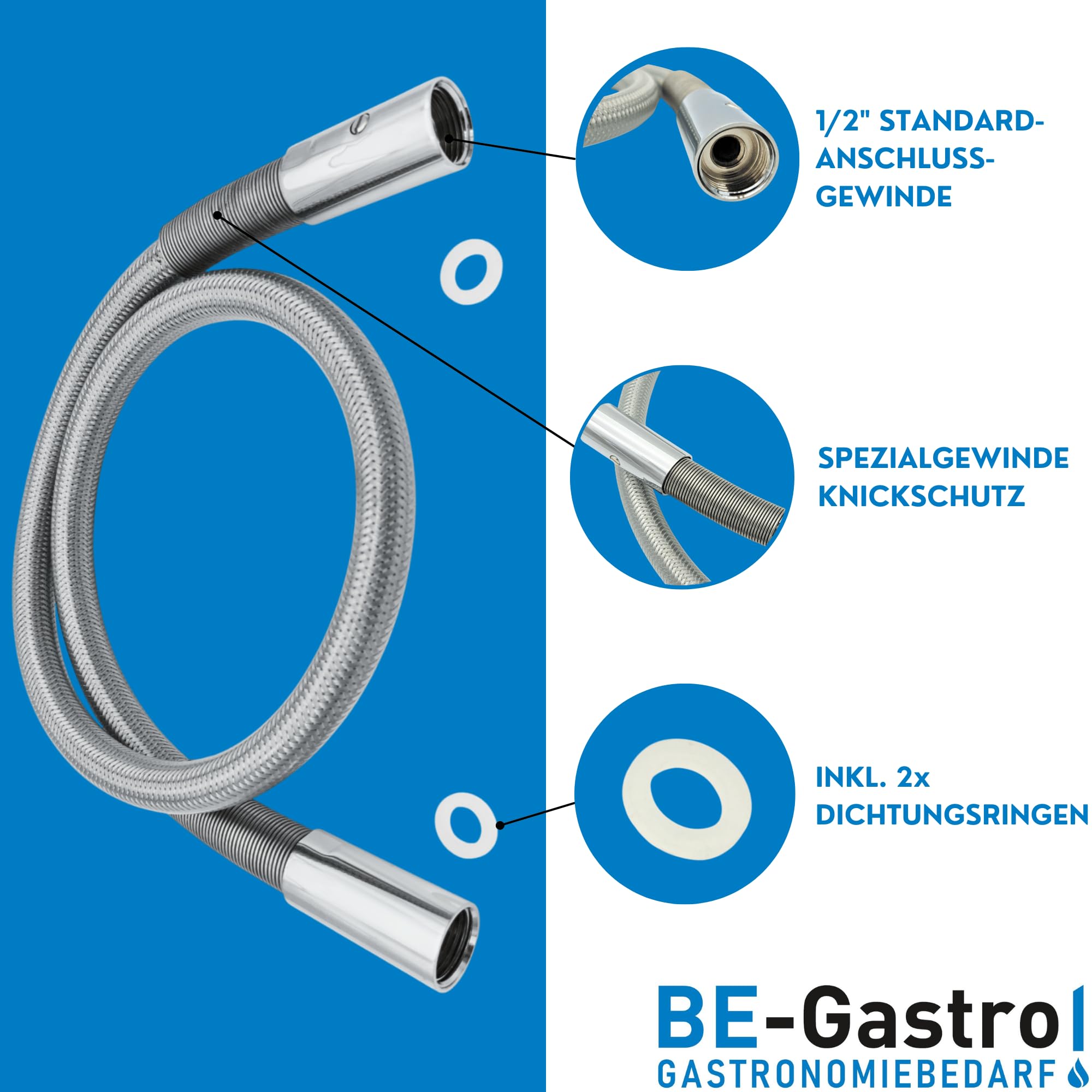 BE-GASTRO | Tubo flessibile professionale per doccia da 100 cm, con speciale protezione antipiega, per doccia in treccia inox rivestito in gomma – attacchi 1/2", tubo di ricambio per doccetta