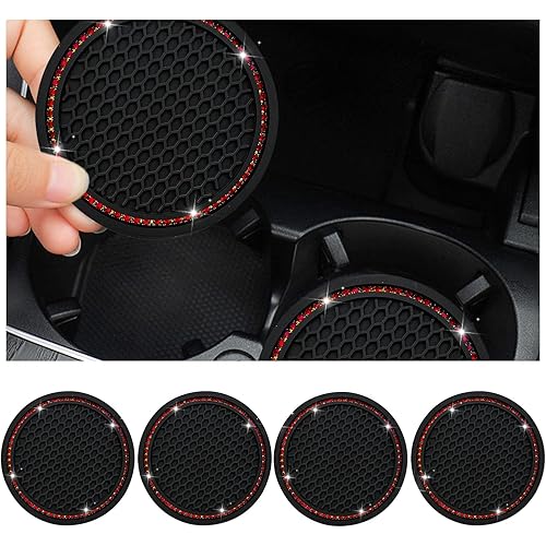 Dickno 4 PCS Bling Car Cup Coaster, 2.75 Inch Crystal Rhinestone Auto Cup Holder Insert Coaster, Anti-Slip Durable Car Drink Cup Mat, Universal Vehicle Interior Decor Accessories (Black & Red)