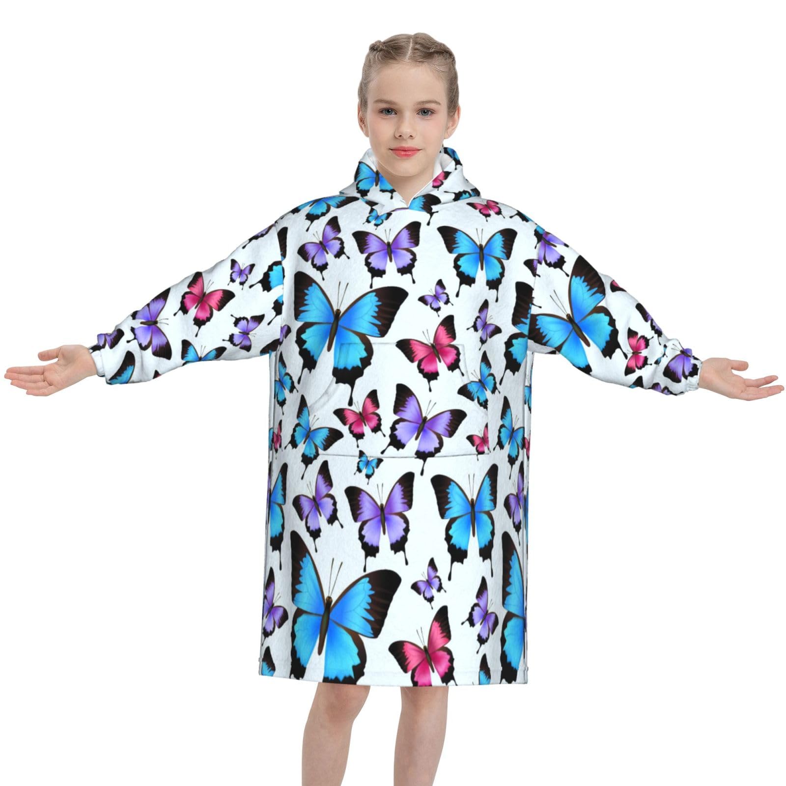 Kids Oversized Blanket Hoodie, Cosy Plush Fleece Wearable Hooded Sweatshirt with Big Pocket for Girls Boys (Blue Butterfly)