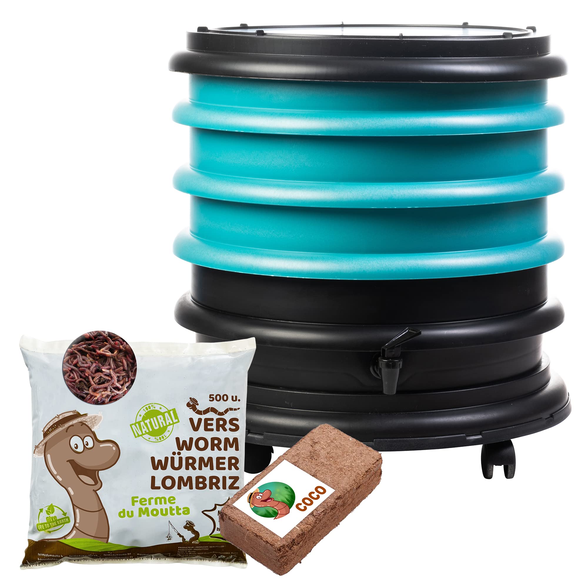 WORMbox | Wormery Worm Farm composter 3 Turquoise Trays + 250gr of Compost Worms / 500 ctn + 1 Coco | 48 liters | Organic Waste Compost, make your Worm Castings