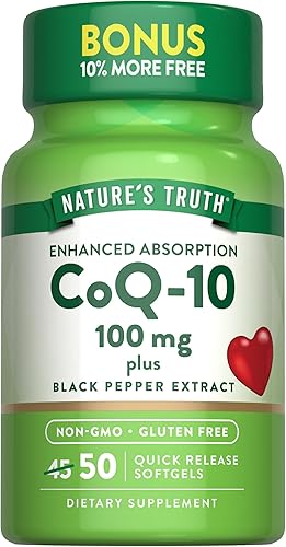 CoQ10 100mg  50 cápsulas blandas  Suplemento de absorción mejorada  Más extracto de pimienta negra  Fórmula sin OMG y sin gluten  por Nature's Truth