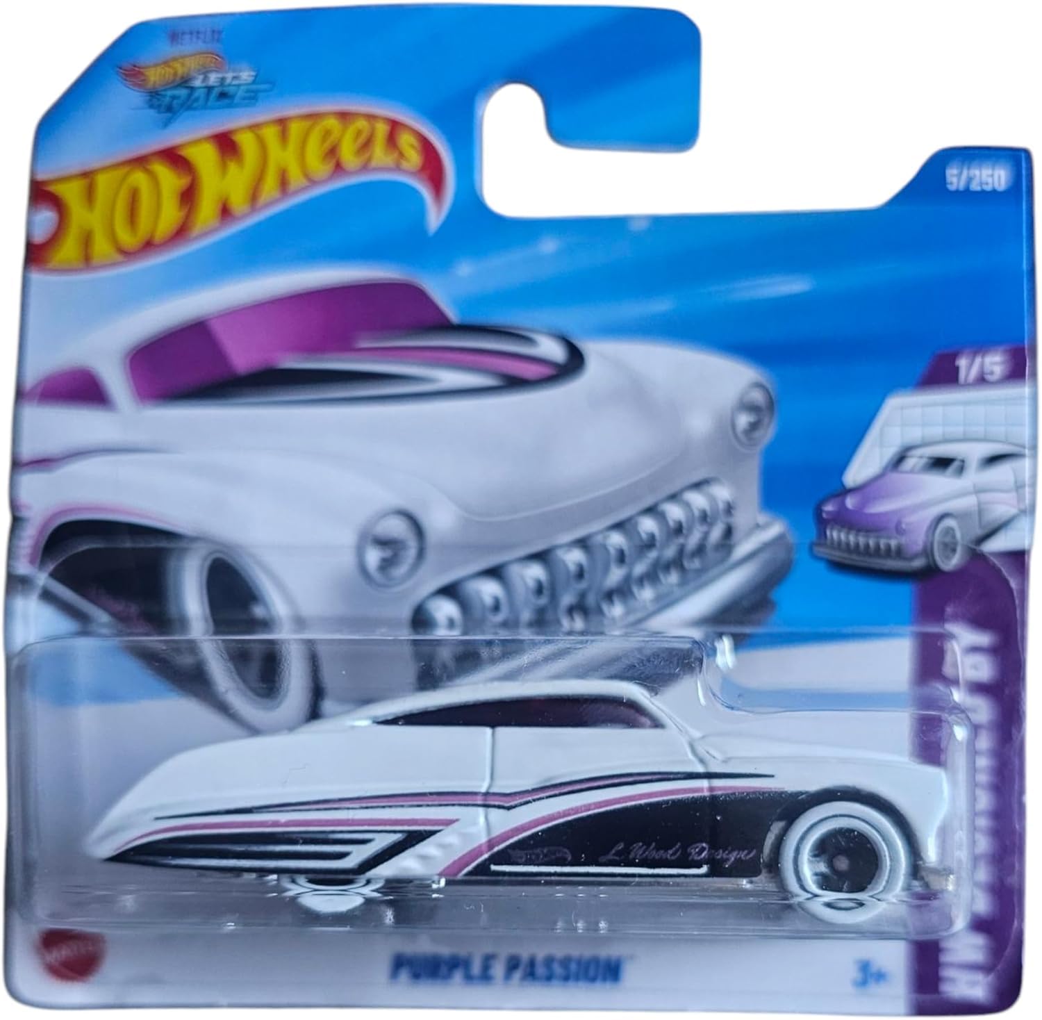 Hot Wheels Purple Passion 2025, White Custom Car, 1/5 Dream Machines Collection, Scale Model, White and Purple, 1:64 Scale