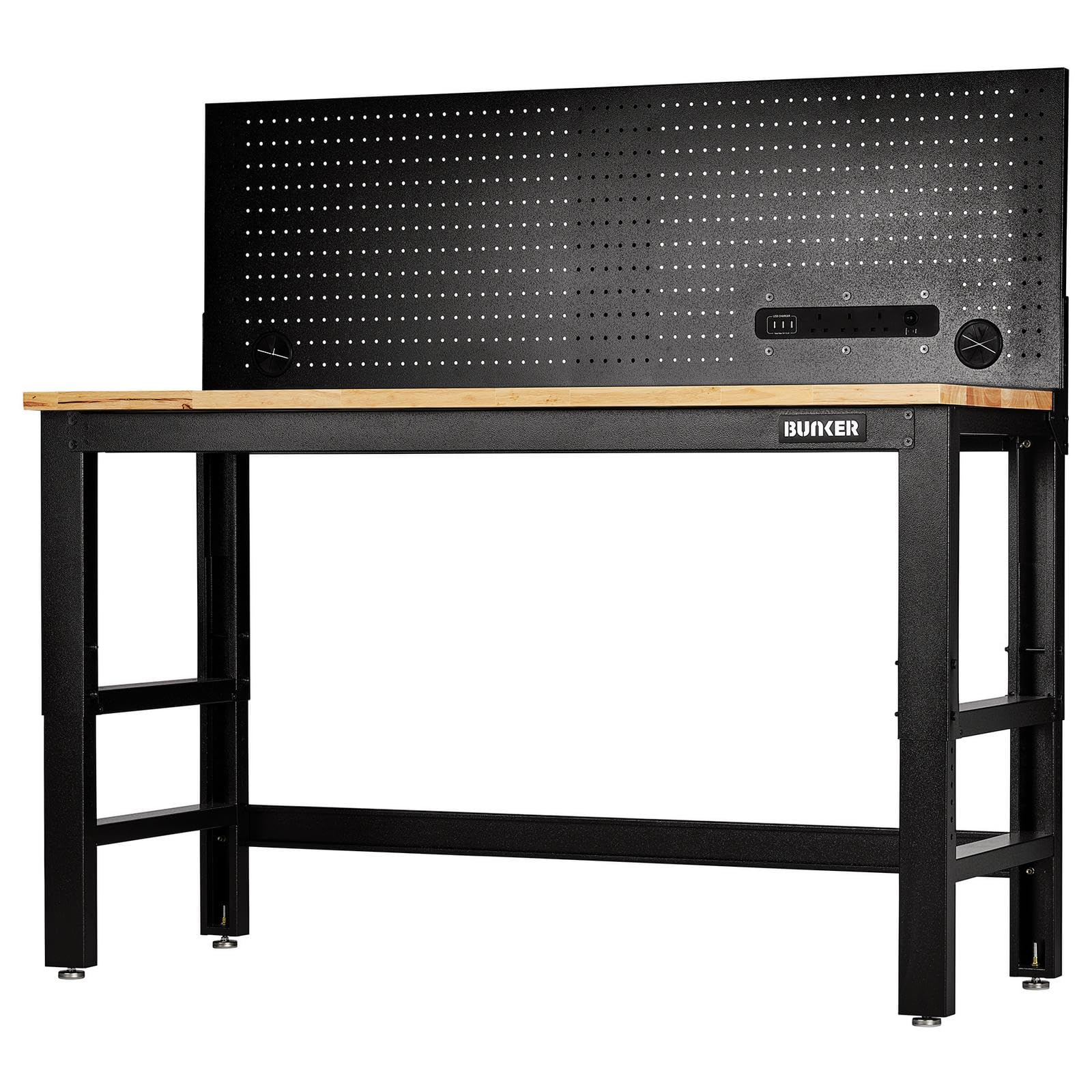 Bunker Black 28096 Workbench With Hardwood Worktop And Power Pegboard, 1550Mm