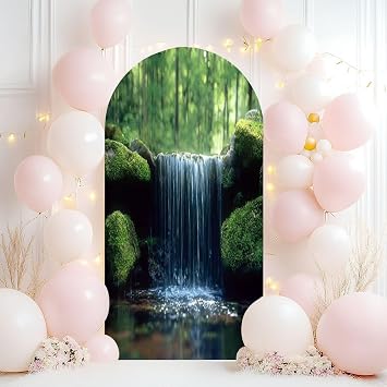 Wedding Arch Backdrop Cover 6.6FT Waterfall Nature Picture Landscape Green Forest Moss Covered Rocks Spandex Fitted Arch Cover Round Top Stands Cover for Birthday Party Ceremony Banquet Decoration