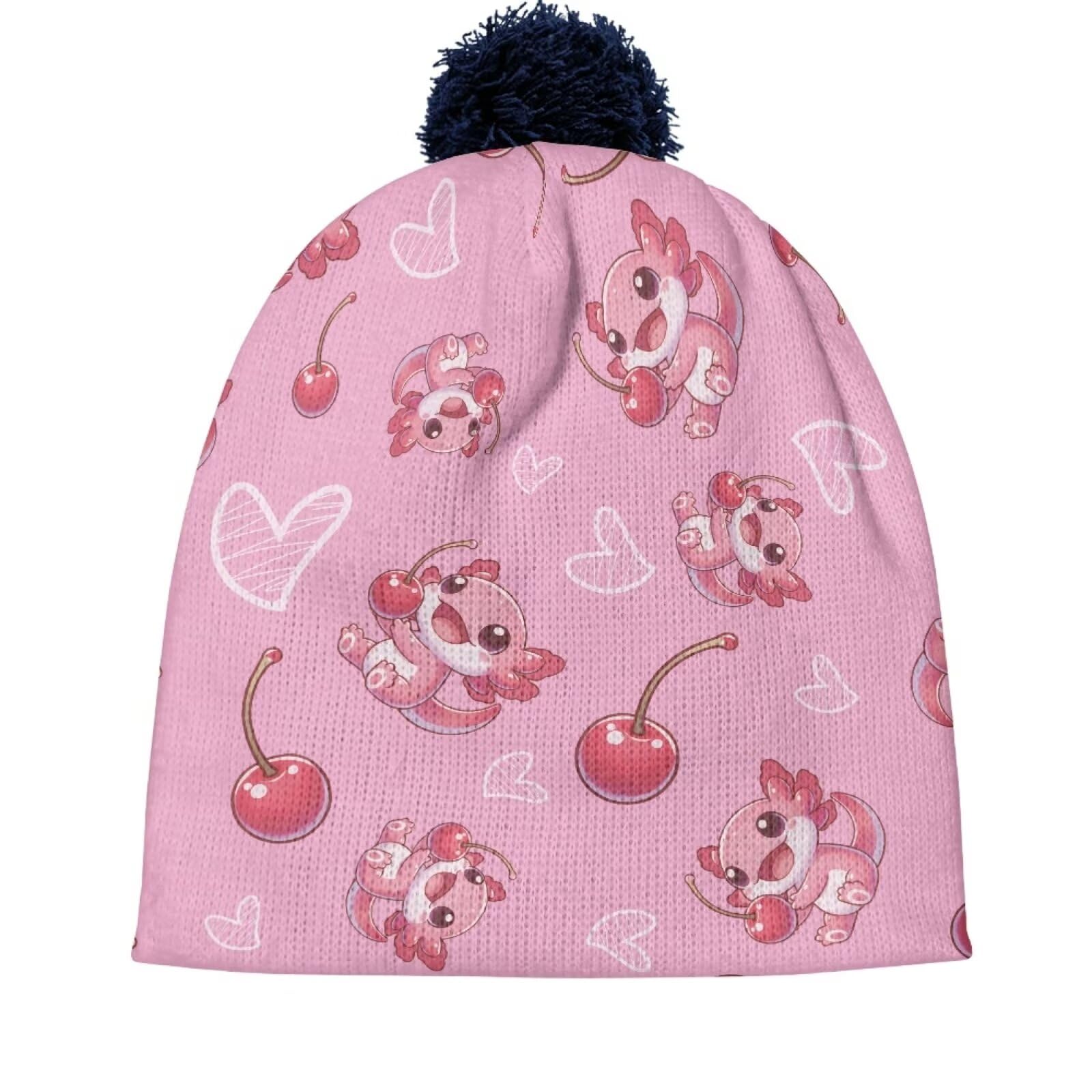 ORGYPET Cherry Axolotl Children's Woolen Hat with Blue Ball Beanies for Boys Colorful Vibrant Toddler Beanie Winter Hats for Kids Children's Woolen Hat with Ball for Everyday Wear