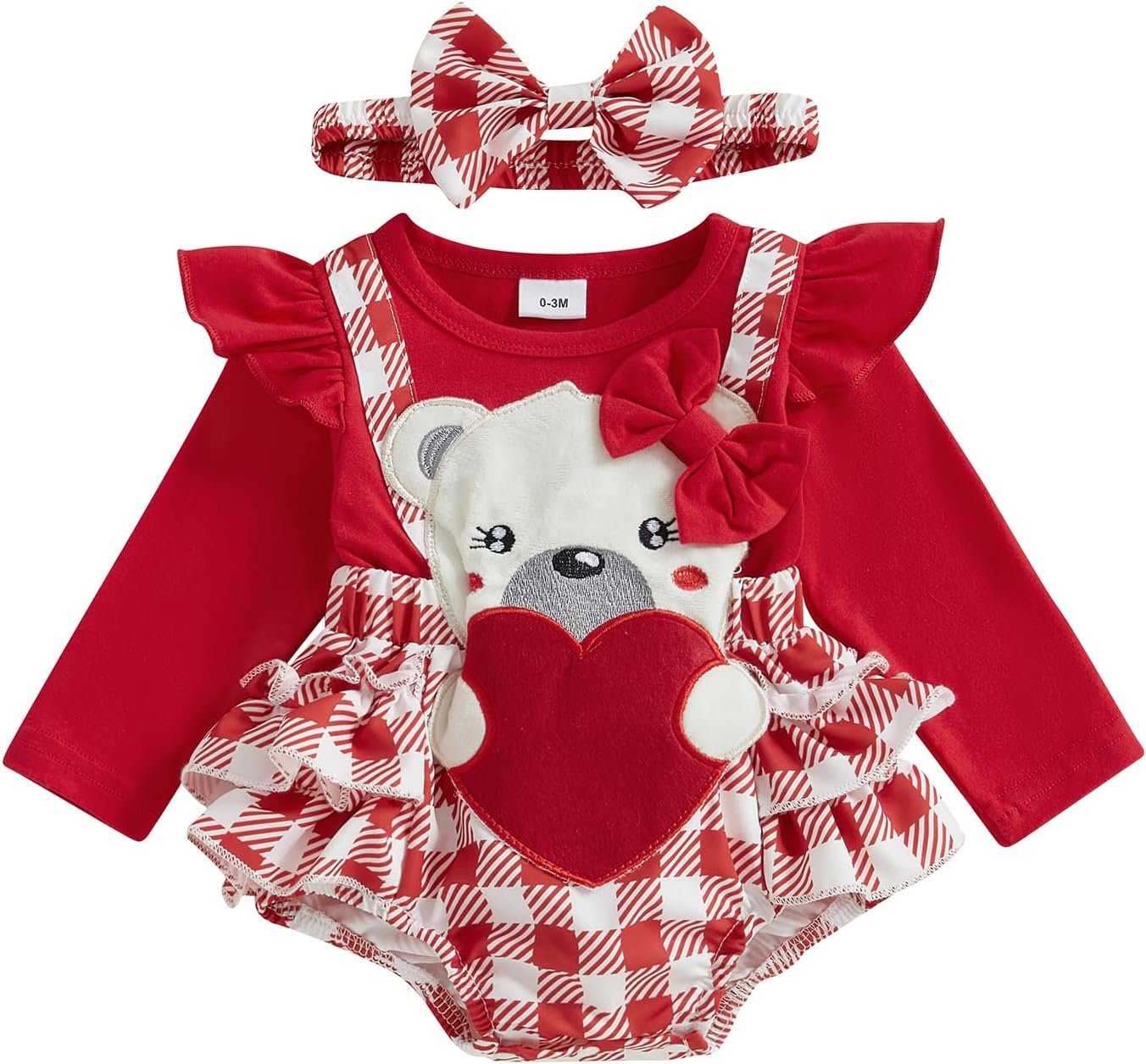 MoZiKQin Baby Girl Valentines Outfit Newborn Romper Dress Love Heart Print Long Sleeve Ruffle Skirt Jumpsuit+Headband