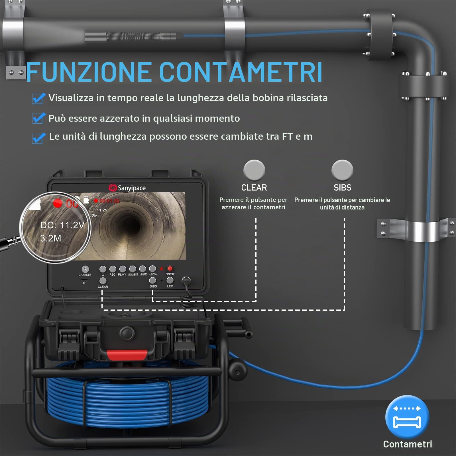Telecamera per Ispezione tubi 30M,Sanyipace Telecamera di Ispezione tubi con DVR,IP68 Telecamera per Fognatura Impermeabile,Schermo Colori da 9" con Contatore di Distanza,Professionale Video Ispezione