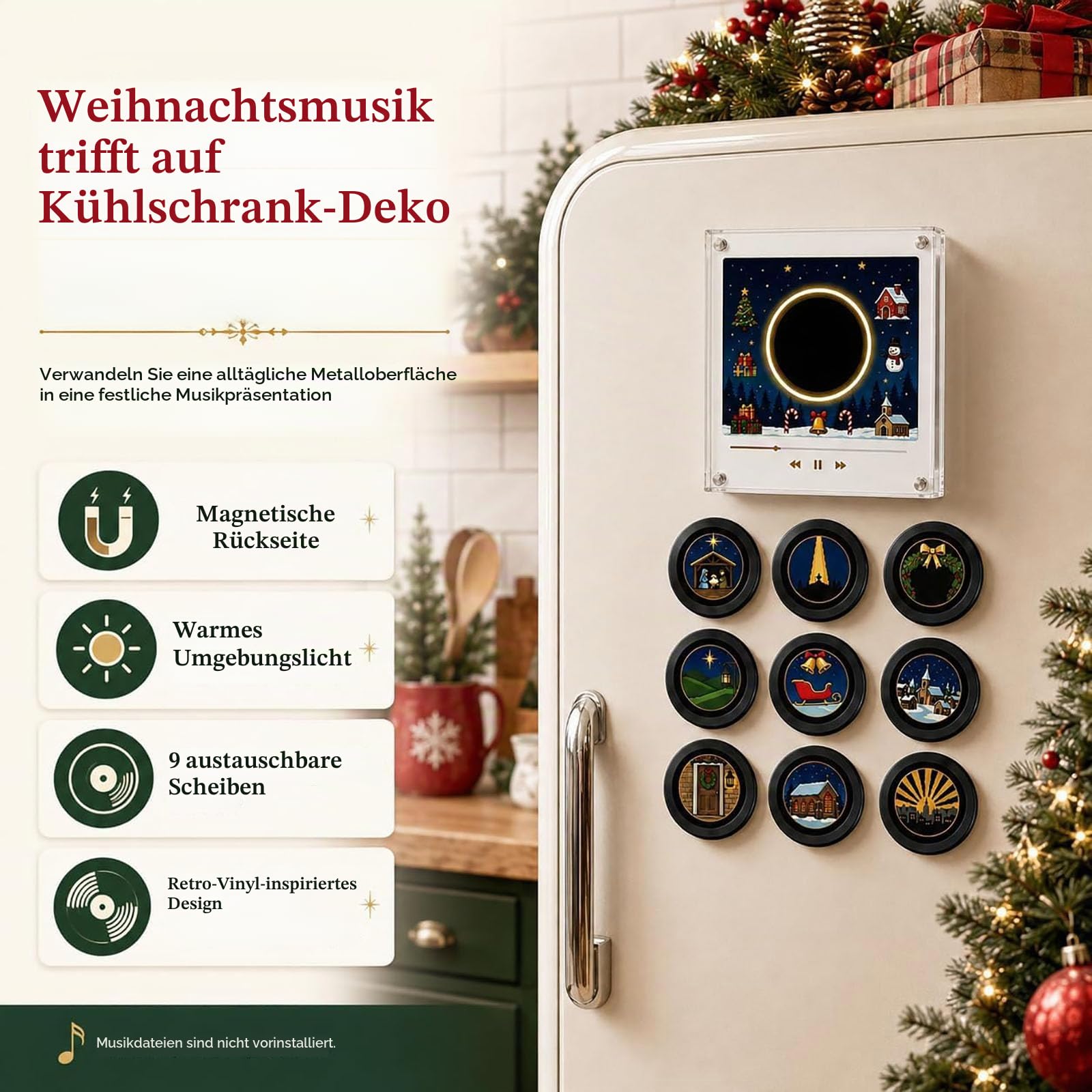 Magnetische Kühlschrank-Vinyl-Spieluhr Weihnachten, 9 Mini-Vinylscheiben