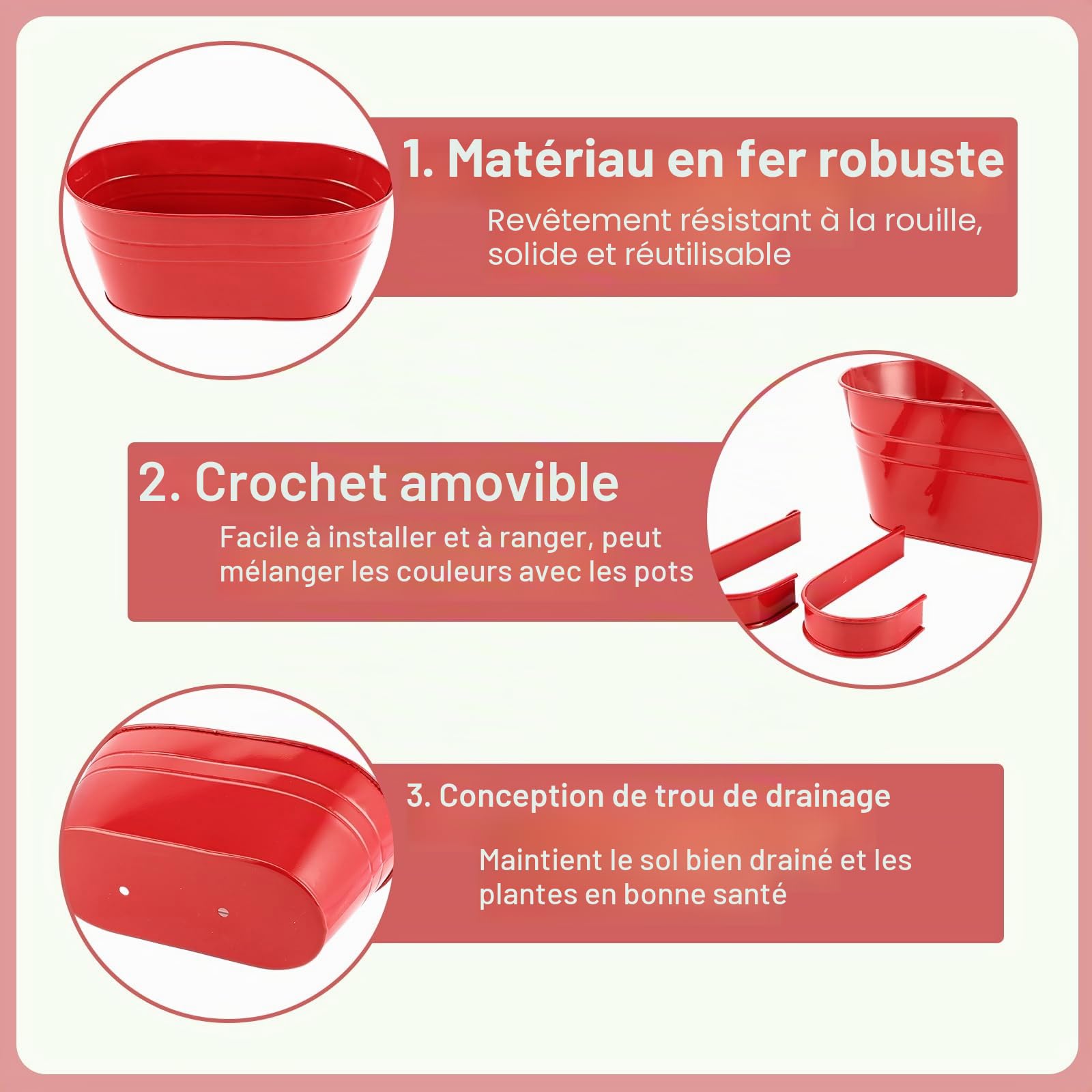 APACALI Lot de 6 pots de fleurs à suspendre en métal de 28 cm - Avec crochet amovible - Pour balcon, clôture, jardin - Colorés