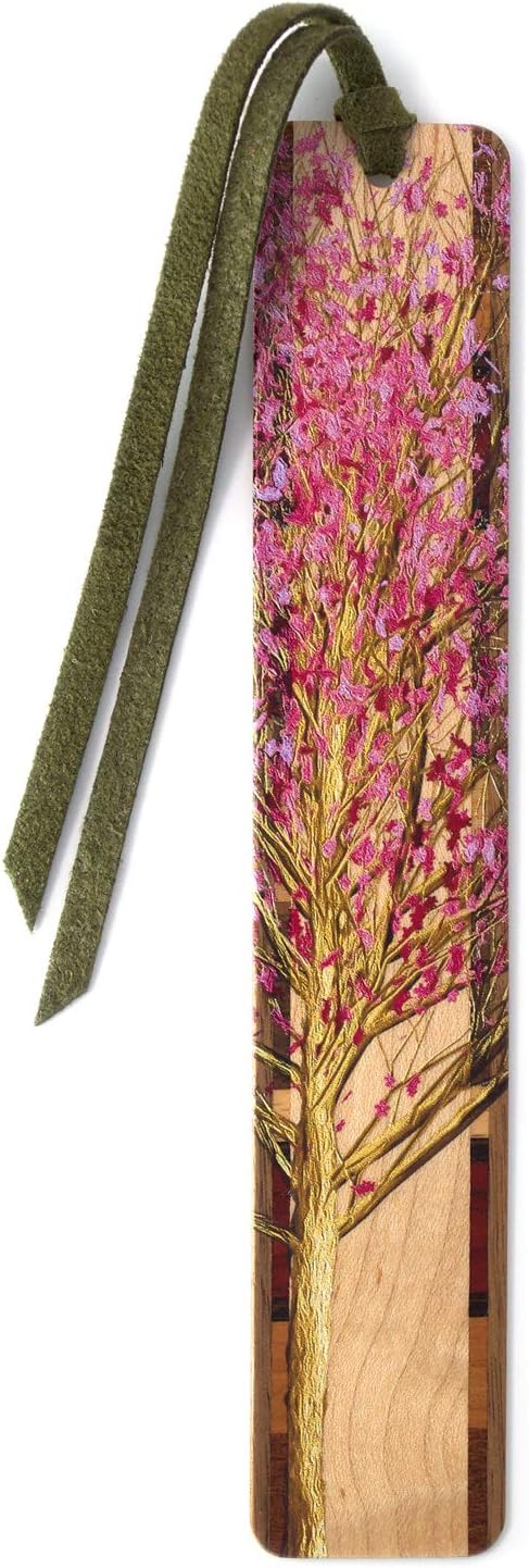 Cherry Tree Wooden Bookmark | Japanese Sakura Design | Handmade Wood Bookmark with Green Ultrasuede Tassel | Made in the USA