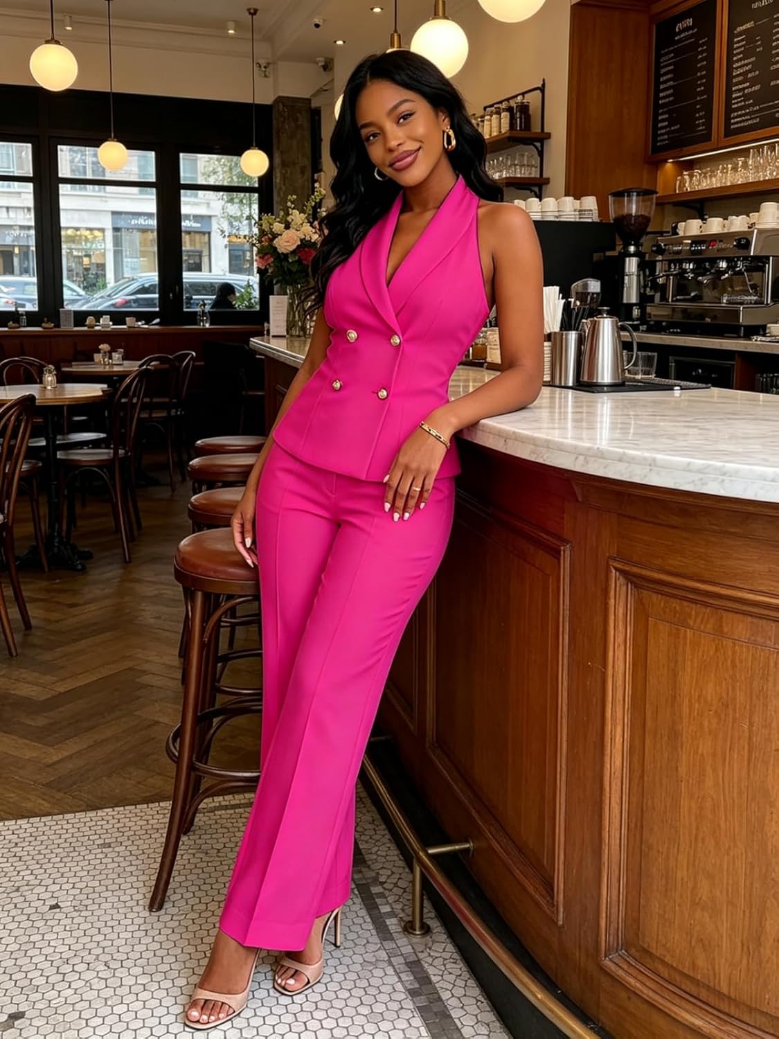 Women's 2 Piece Suits Pink Vest Blazer Set Double Breasted Vest Wide Leg Pants Business Casual Outfits