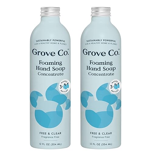 Grove Co. Recambios de jabón de manos hidratante en espuma (2 x 12 onzas), lavado de manos hidratante, sin fragancia, sin plástico ni parabenos,